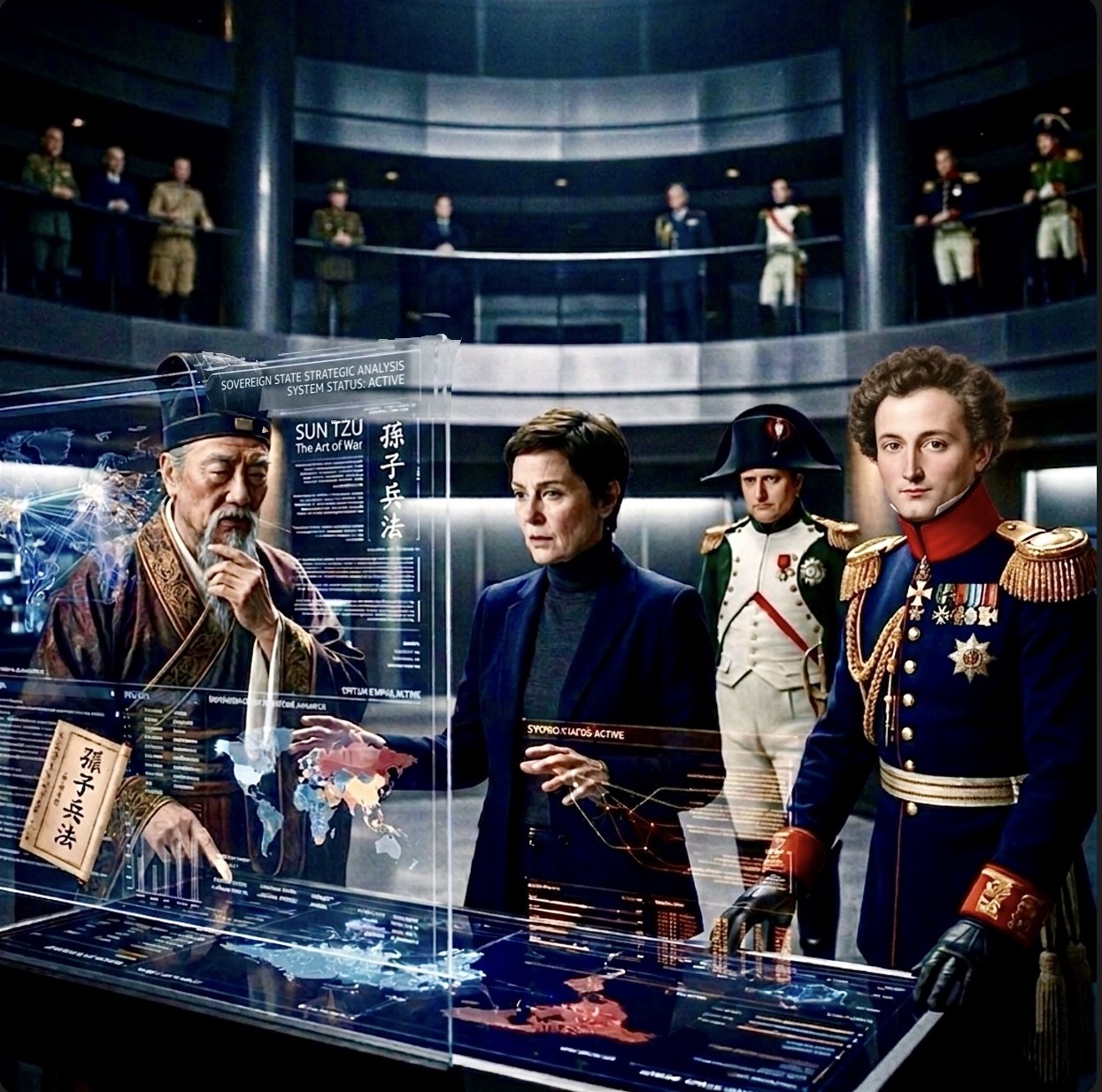 Strategists across eras analysing a holographic strategic display